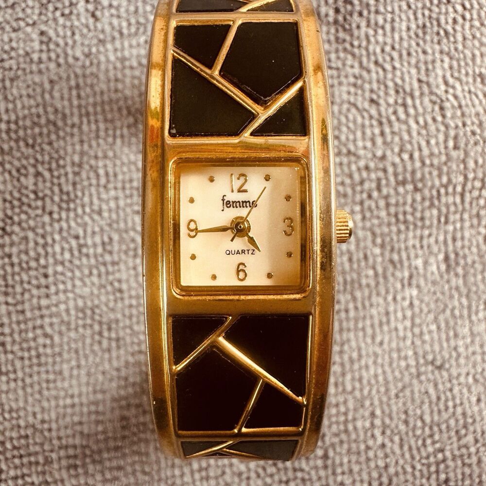 Vintage Femme Gold Tone Quartz Bangle Watch Black Geometric Art Deco Women’s